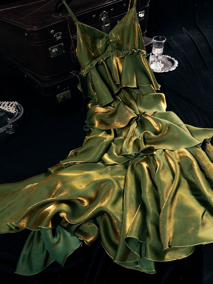 Green V-Neck Tiered Flounce Long Prom Dress Party Dress cc1446