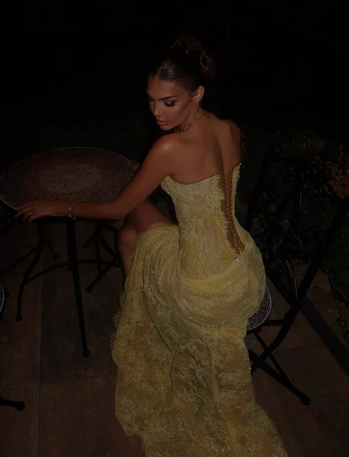 Elegant Pale Yellow Mermaid Strapless High-Slit Lace Long Prom Dress Evening Dress cc5116
