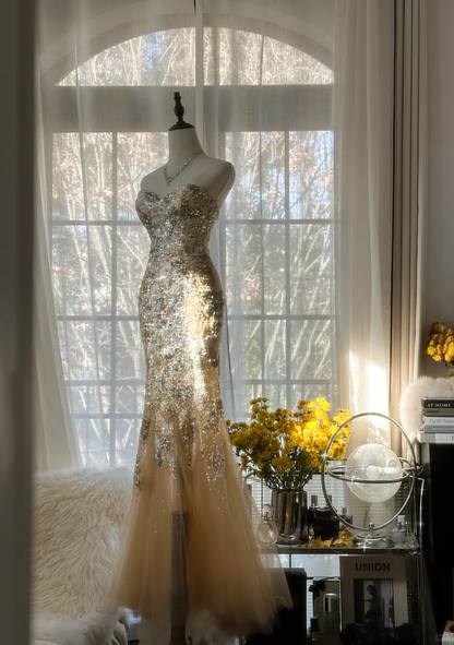 Elegant Mermaid Golden Sparkling Strapless Elegant Beaded Chiffon Evening Dress Prom Dress HZ1024