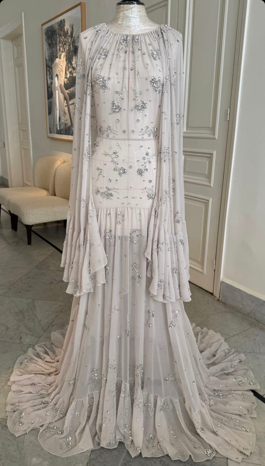Dreamy Luxury Fairy Style Cape-Long-Sleeve Gown | Light Gray Tulle Beaded Mermaid Train Maxi Dress for Gala Red Carpet High-End Party Luxury Social Event gh6429