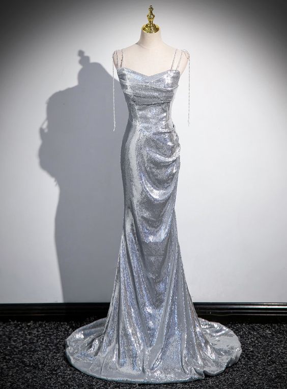 Charming Silver Mermaid Sequins Spaghetti Straps Pleated Prom Dress Long Party Dress  cc1556