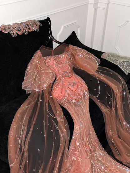 Gorgeous Shiny Orange Beaded Sequined Design Mermaid Prom Dress Evening Dress HZ1024