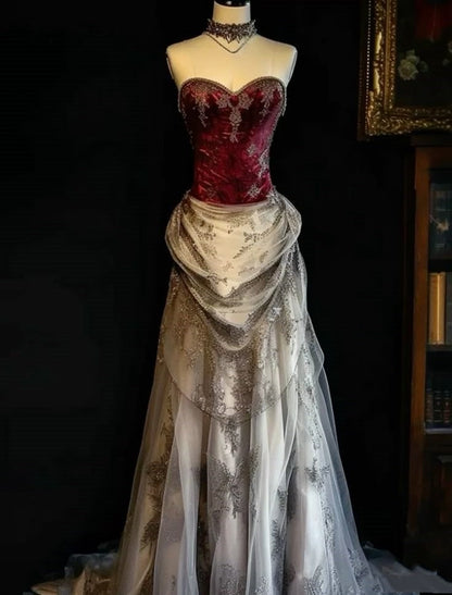 Burgundy Retro Fashion Long Tulle Satin Lace Ball Gown Evening Dress PROM DRESS gh3442