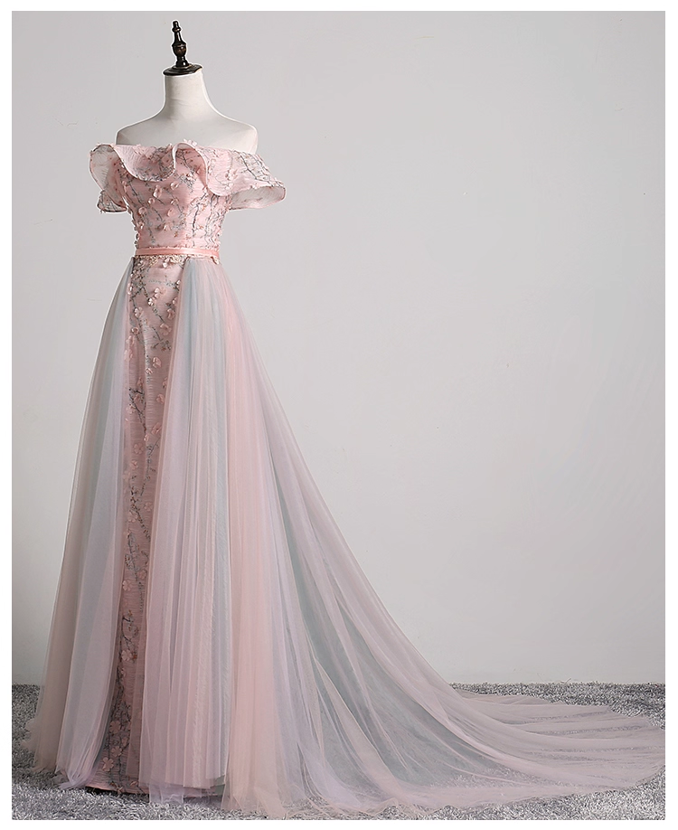 Vintage Pink Floral Applique A-Line Evening Gown Tulle Off-the-shoulder Party Dress Long Formal Dress HZ1024