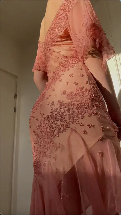 Vintage Pink Chiffon Sequin Prom Dress Sheath Off-the-shoulder Evening Dress Long Formal Dress HZ1024