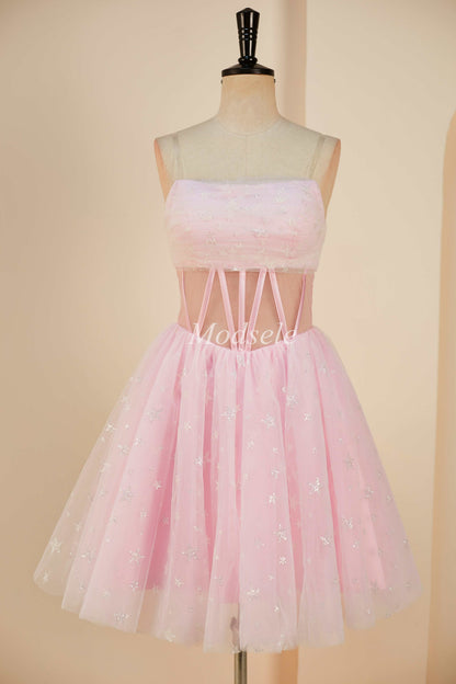 Pink Tulle Strapless A-Line Short Dress with Balloon Sleeves