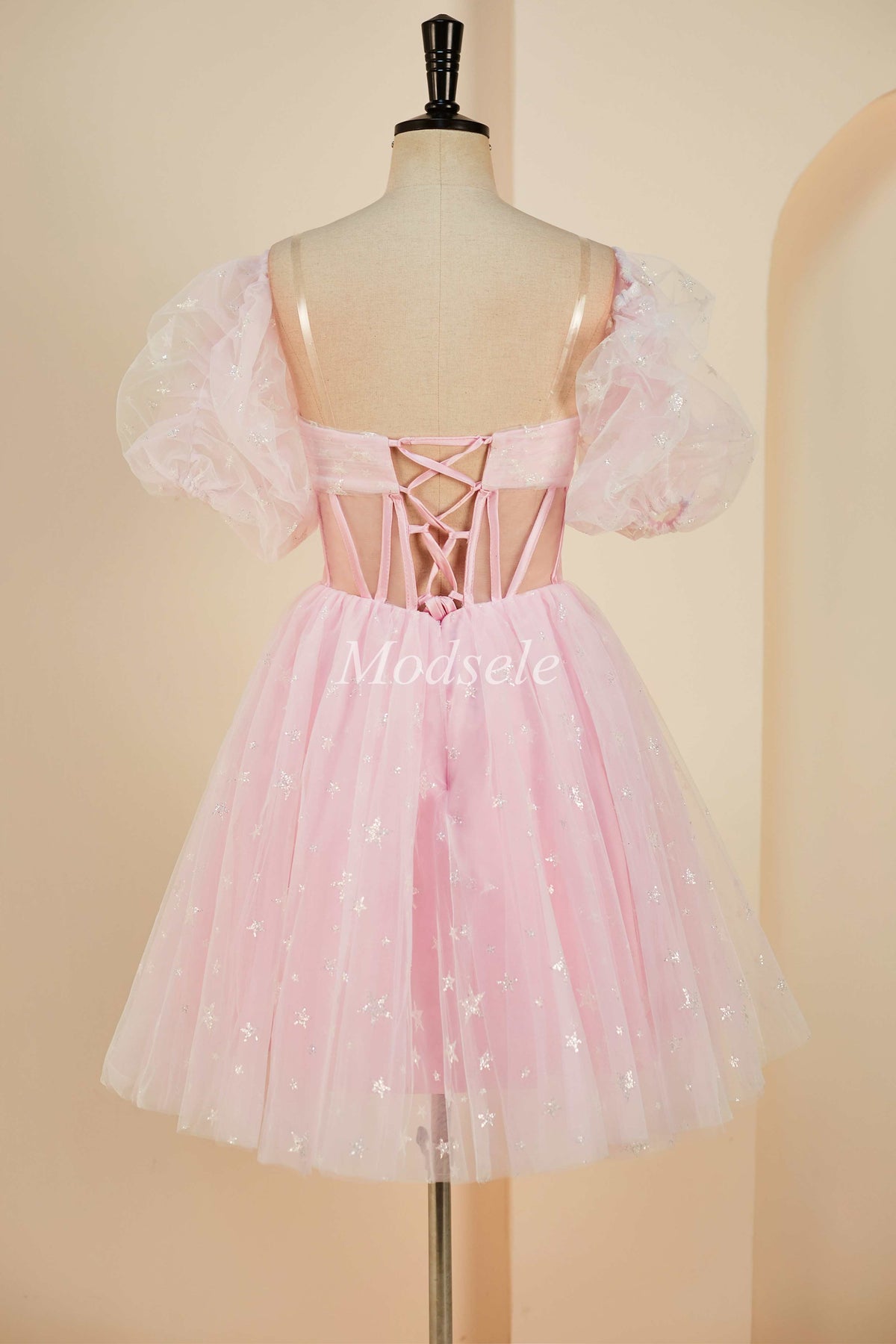 Pink Tulle Strapless A-Line Short Dress with Balloon Sleeves