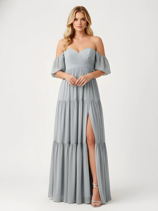 Off-Shoulder Tiered Chiffon Maxi Dress with Slit Dusty Blue