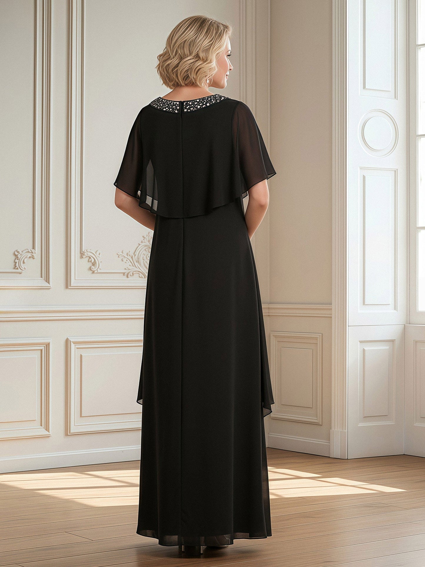 A-Line Beaded Scoop Floor-length Chiffon Dress Black