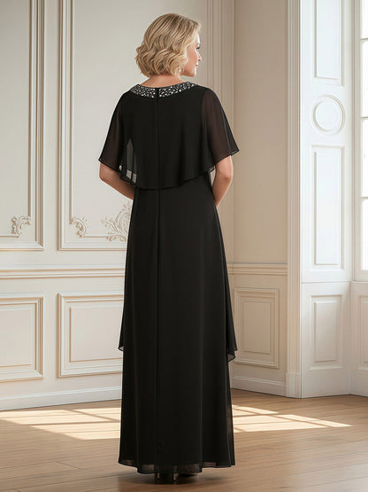 A-Line Beaded Scoop Floor-length Chiffon Dress Black