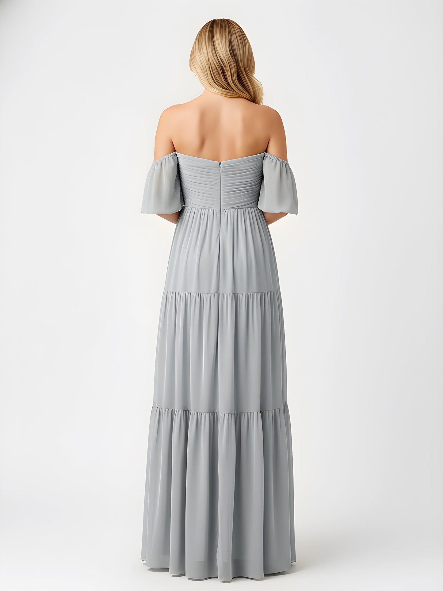 Off-Shoulder Tiered Chiffon Maxi Dress with Slit Dusty Blue