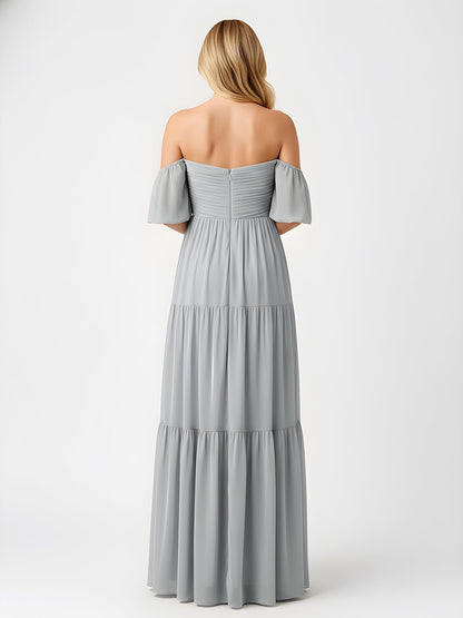 Off-Shoulder Tiered Chiffon Maxi Dress with Slit Dusty Blue