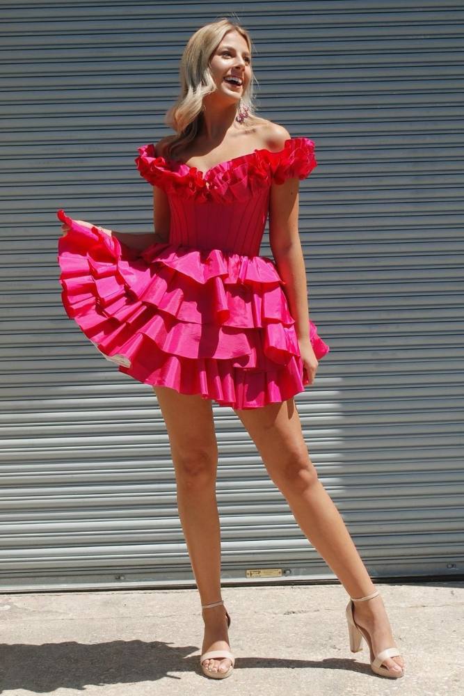 Hot Pink Off the Shoulder Ruffle Satin A-Line Empire-Waist Short Homecoming Dress