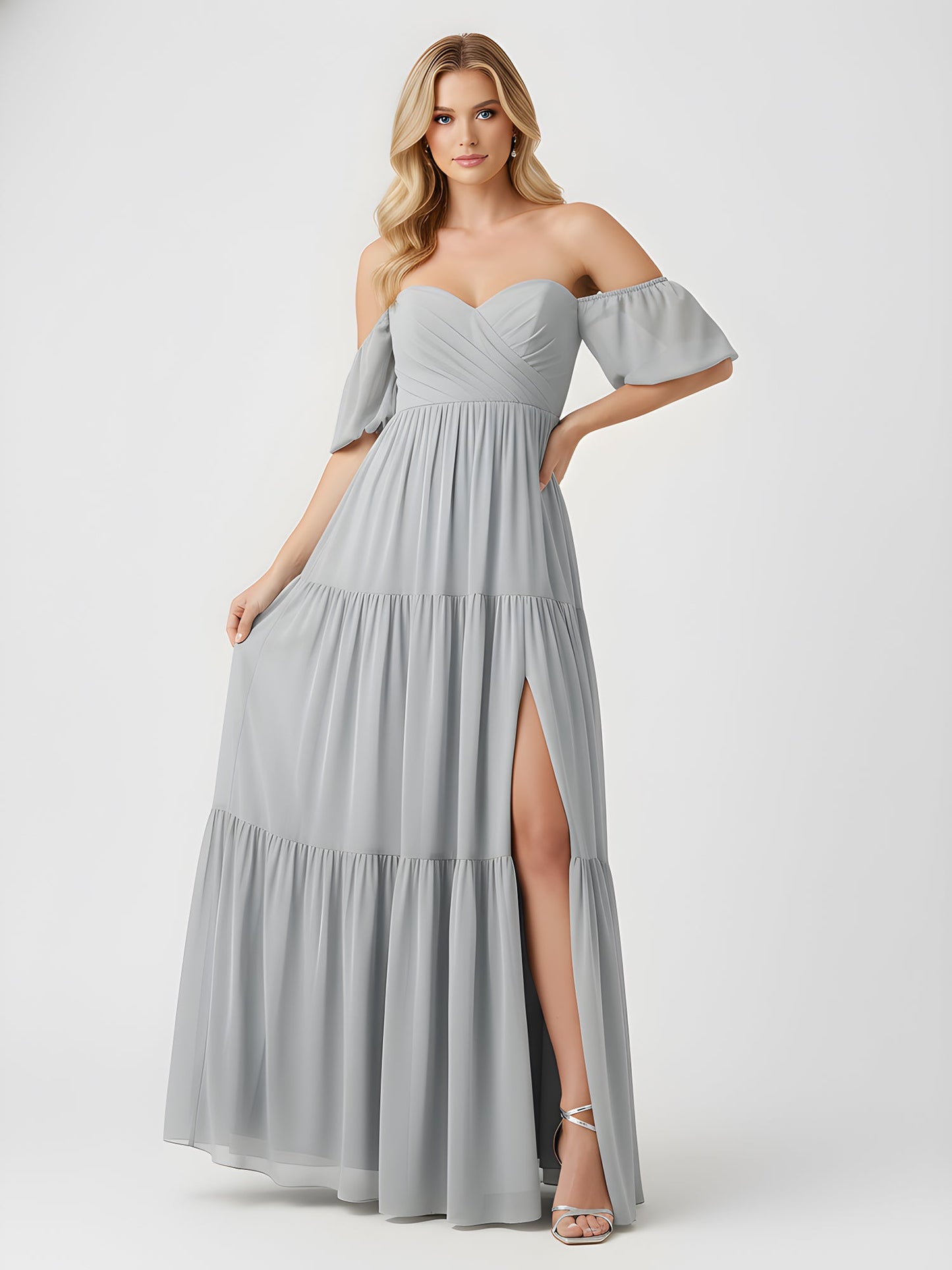 Off-Shoulder Tiered Chiffon Maxi Dress with Slit Dusty Blue