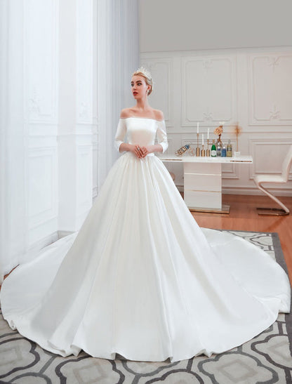 3/4 Sleeve Satin Aline Wedding Dress With Chapel Train