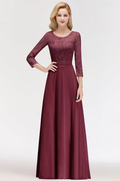 3/4 Sleeves Floral Lace Chiffon A-line Bridesmaid Dress Dusty Rose