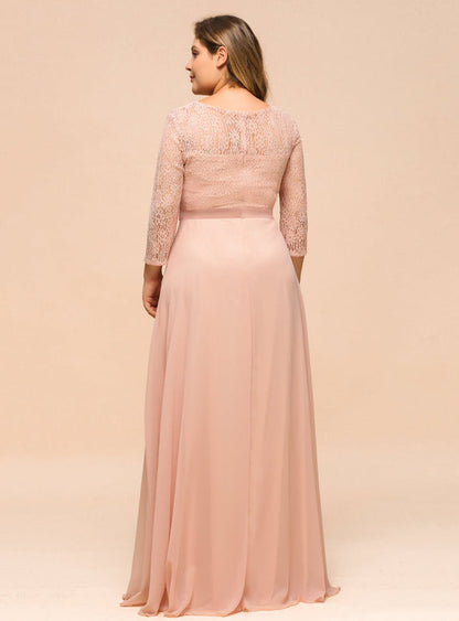 3/4 Sleeves Floral Lace Chiffon A-line Bridesmaid Dress Dusty Rose