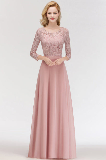 3/4 Sleeves Floral Lace Chiffon A-line Bridesmaid Dress Dusty Rose