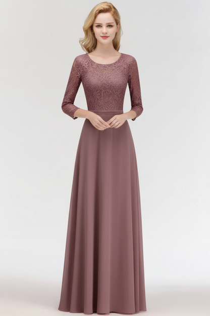 3/4 Sleeves Floral Lace Chiffon A-line Bridesmaid Dress Dusty Rose