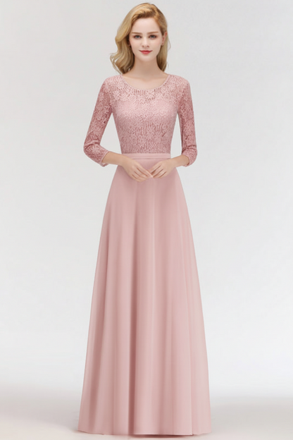 3/4 Sleeves Floral Lace Chiffon A-line Bridesmaid Dress Dusty Rose