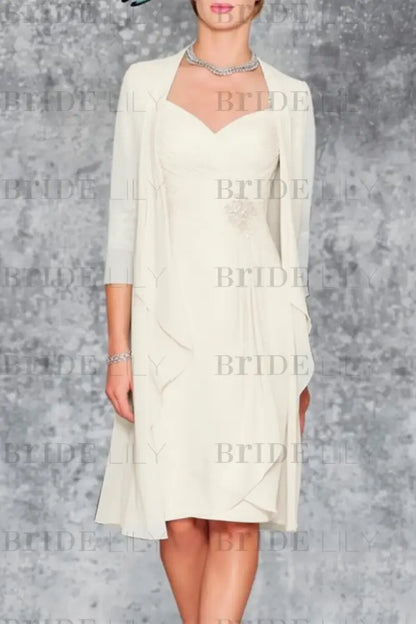 3/4 Sleeves Knee Length Ruffle Chiffon Mother of the Bride Outfits with Lace