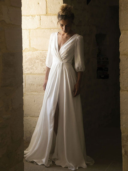 3/4 Sleeves White Wedding Dresses A Line Pleated V Neck Bridal Dresses