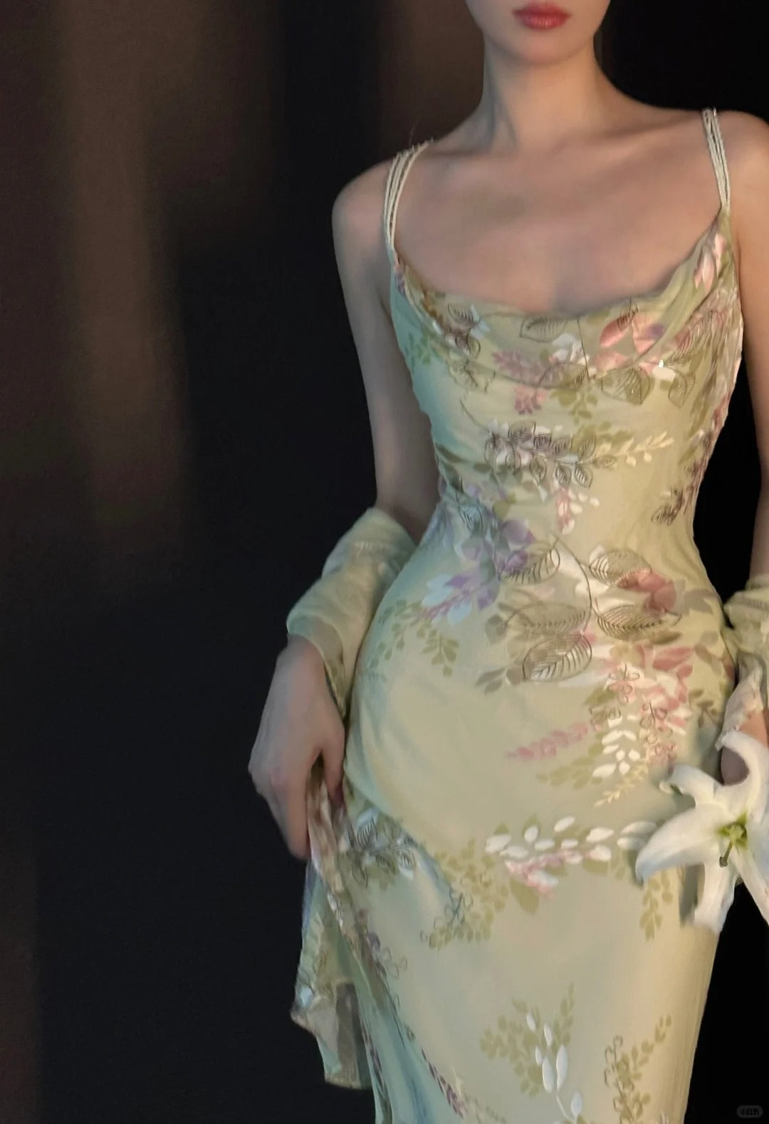 Vintage Light Green Printed Mermaid Strap Chiffon Long Prom Dress Evening Dress cc5275