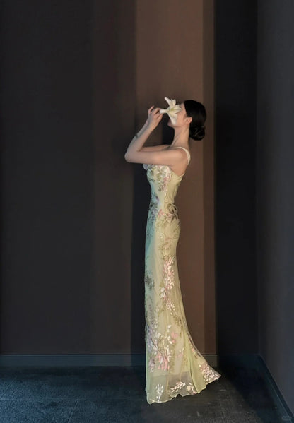 Vintage Light Green Printed Mermaid Strap Chiffon Long Prom Dress Evening Dress cc5275