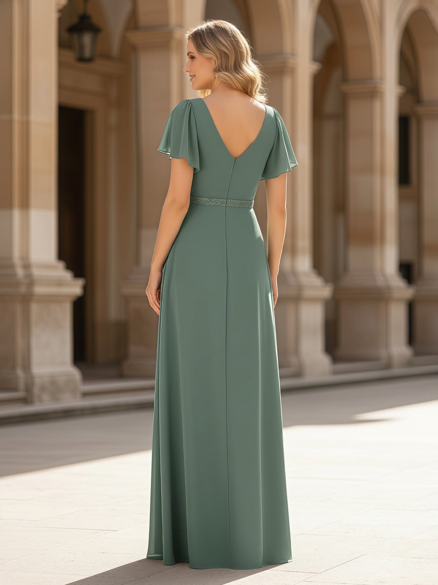 Pleated V-neck Chiffon Long Slit Dress With Rhinestone Eucalyptus