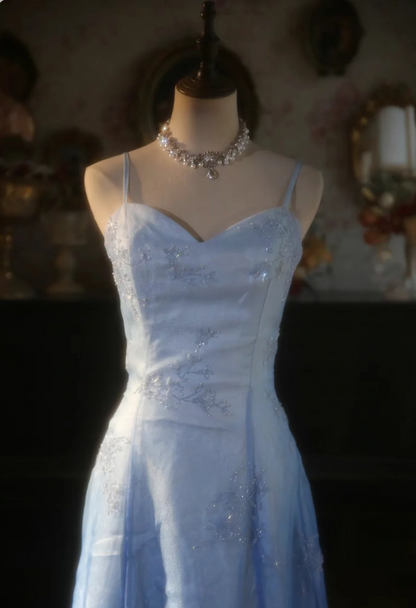 Vintage Gradient Light Blue A-line Spaghetti Strap Beaded Tulle Long Prom Dress Evening Dress cc5384