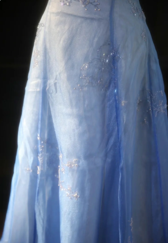Vintage Gradient Light Blue A-line Spaghetti Strap Beaded Tulle Long Prom Dress Evening Dress cc5384
