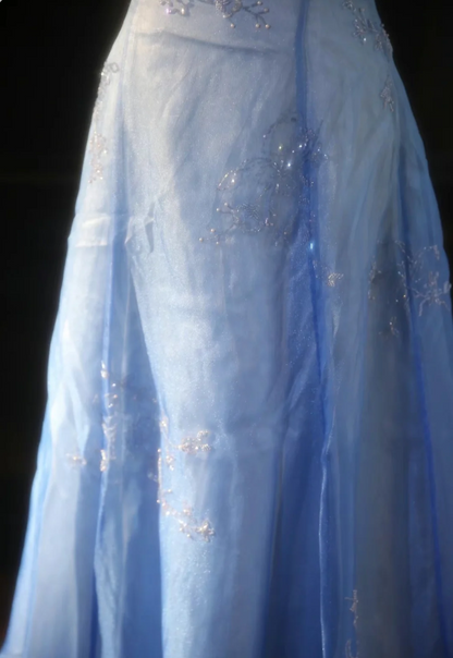 Vintage Gradient Light Blue A-line Spaghetti Strap Beaded Tulle Long Prom Dress Evening Dress cc5384