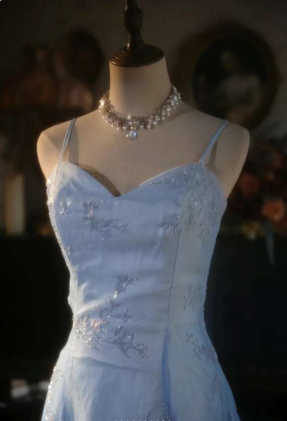 Vintage Gradient Light Blue A-line Spaghetti Strap Beaded Tulle Long Prom Dress Evening Dress cc5384
