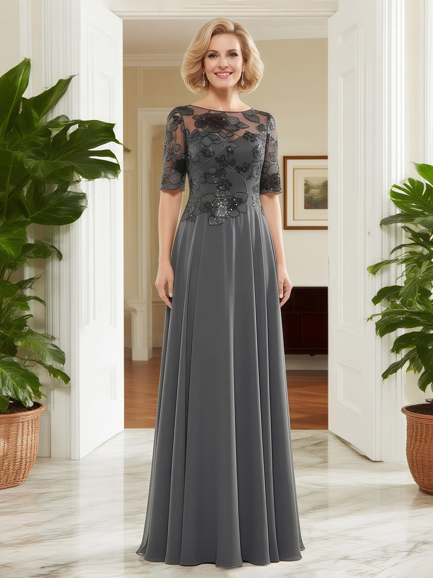 Elbow Sleeve Boat Neck Flowing Dress Steel Grey