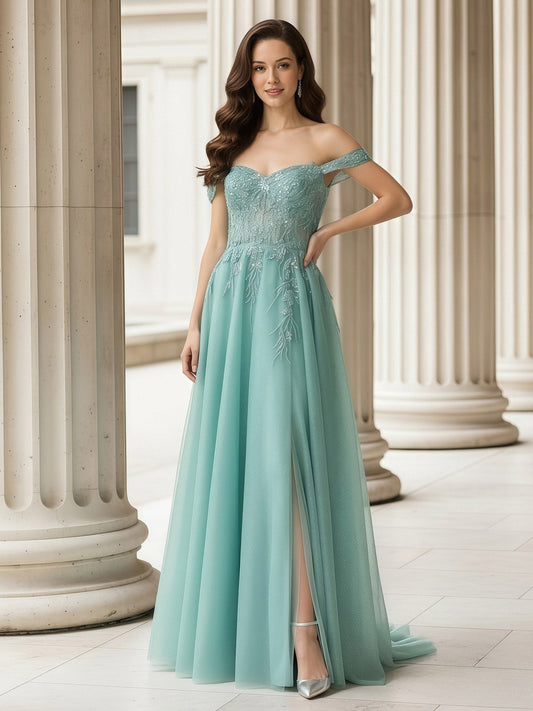 Off-The-Shoulder Applique A-Line Tulle Dress With Slit Turquoise