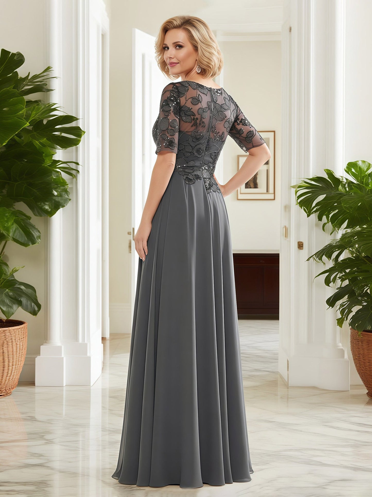 Elbow Sleeve Boat Neck Flowing Dress Steel Grey