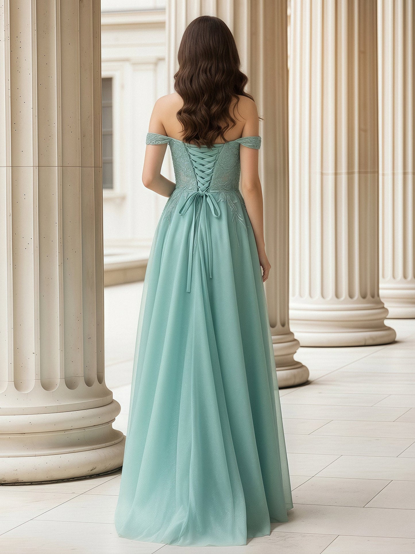 Off-The-Shoulder Applique A-Line Tulle Dress With Slit Turquoise