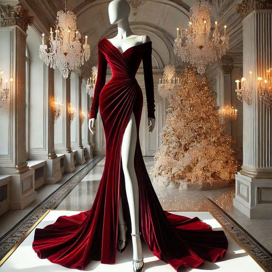 Girlhomeshops-Burgundy velvet fashionable slit long prom dress with long sleeves gh5426