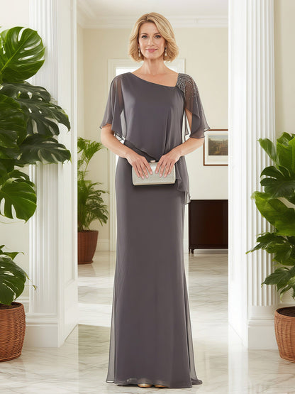 Elegant Waterfall Ruffle Shoulder Attire Steel Grey