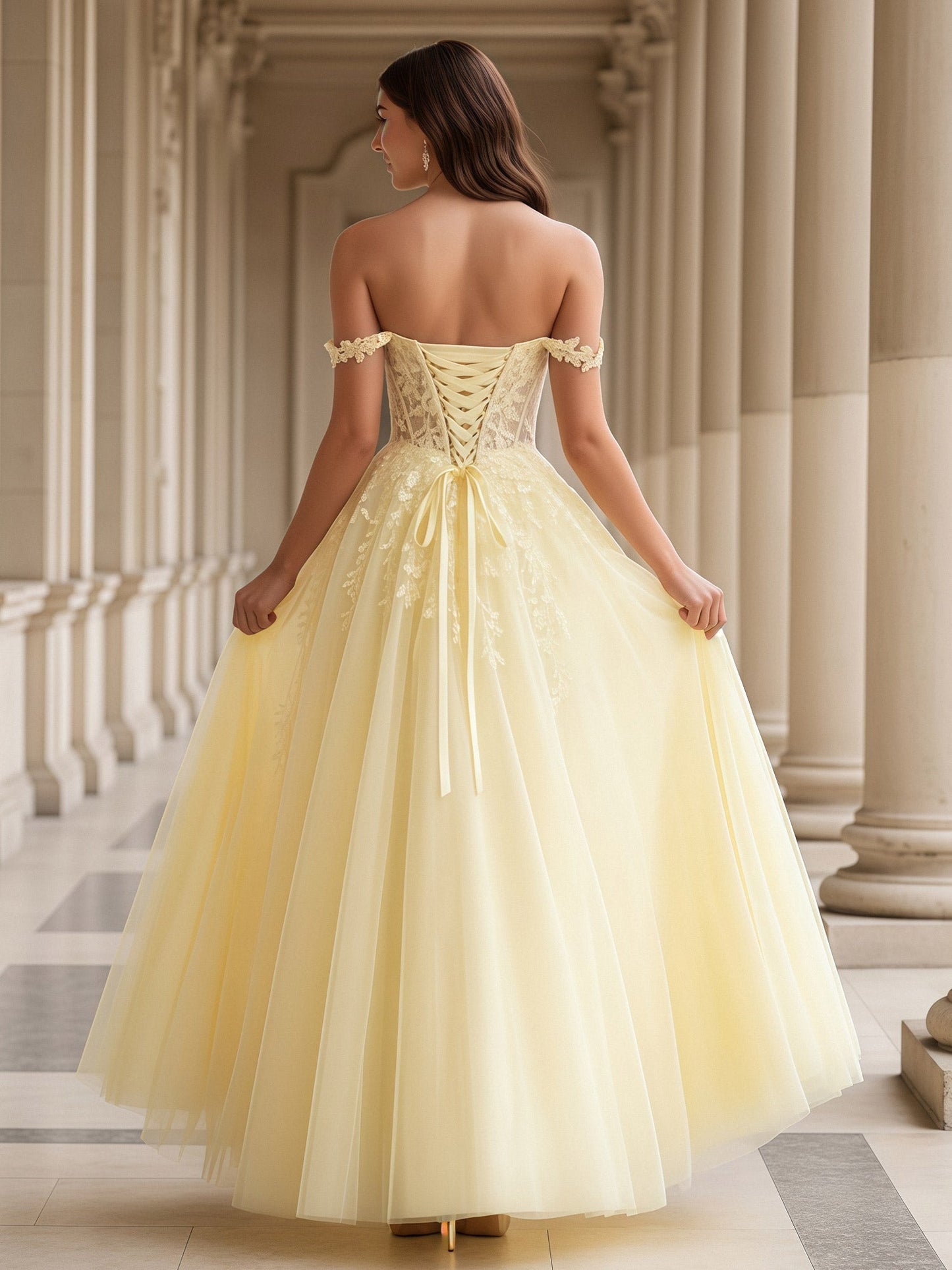 Off-The-Shoulder Applique A-Line Tulle Long Dress Daffodil