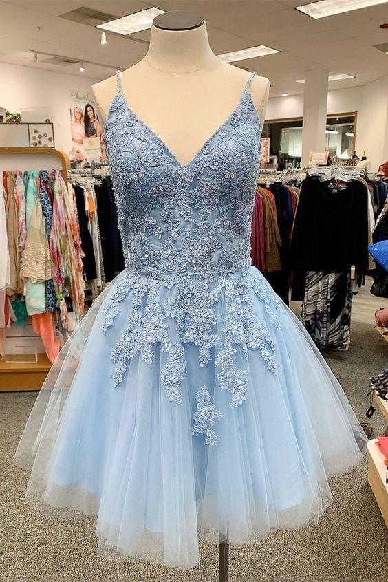 Pretty A-line Light Blue Tulle Homecoming Dress