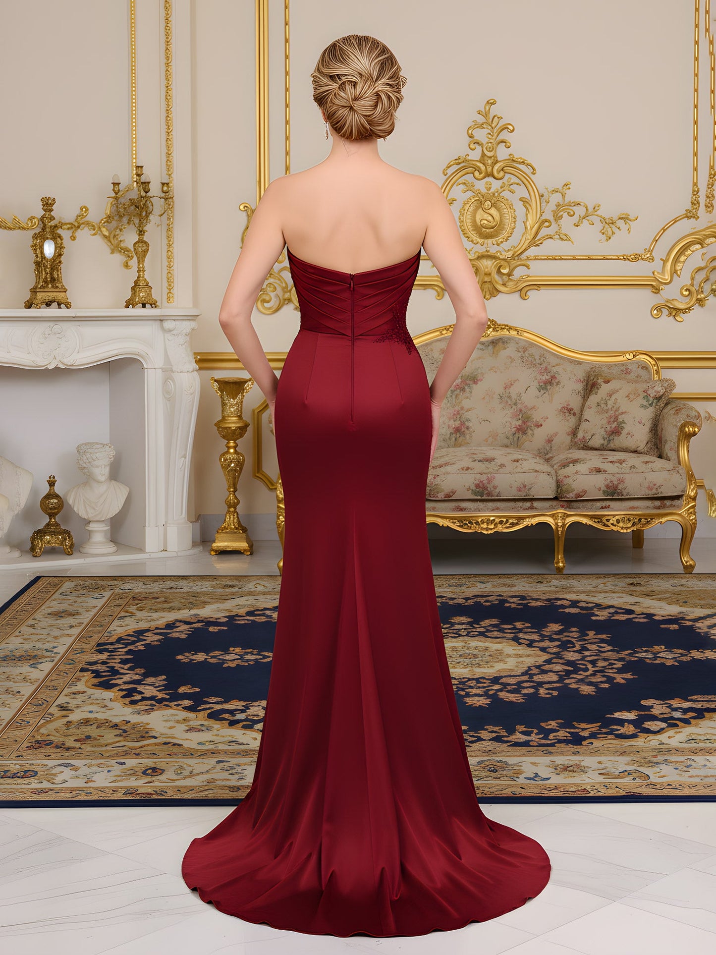 Pleated Sweetheart Corset Applique Dress With Slit Burgundy
