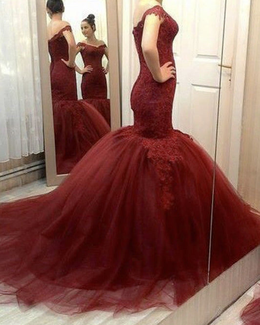 Mermaid V-neck Prom Dresses Lace Off Shoulder