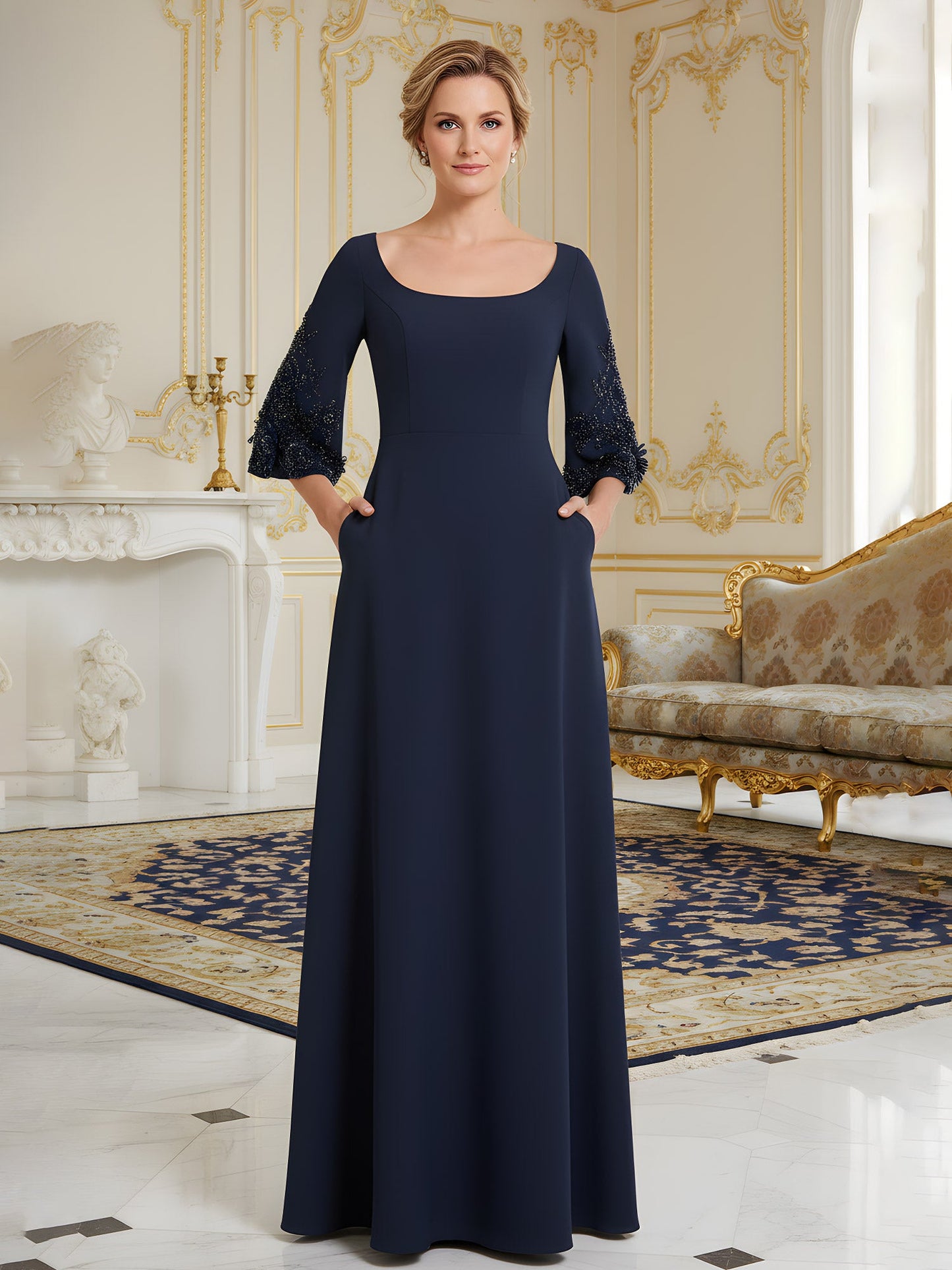 Beaded 3/4 Sleeves A-Line Long Dress With Pockets Dark Navy