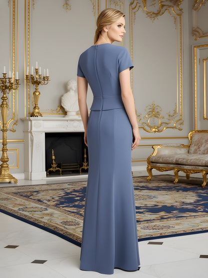 Pleated Short Sleeves Bodycon Long Dress Slate Blue