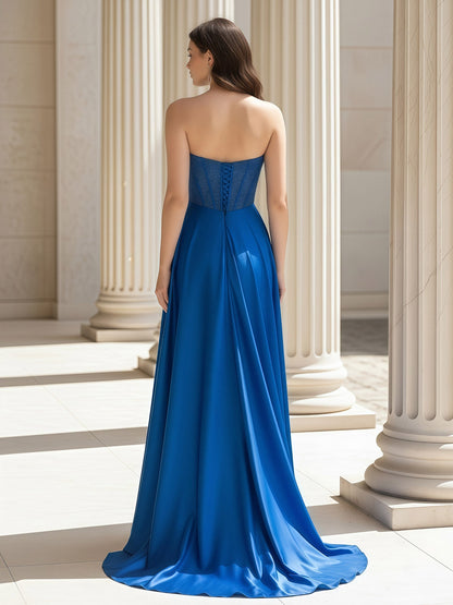 Sleeveless Sweetheart A-Line Satin Prom Dress Royal Blue
