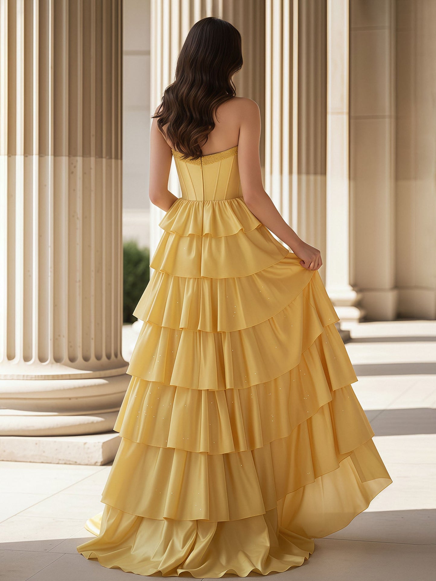 A-Line Sleeveless Strapless Gown With Ruffle Marigold