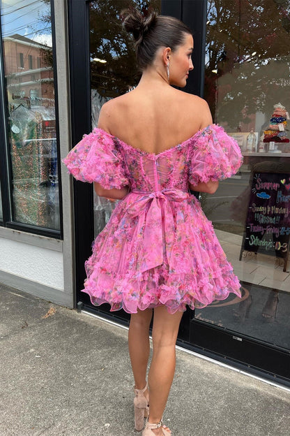 Fuchsia Print Puff Sleeve Ruffle Short Homecoming Dress