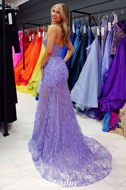 Spaghetti Straps Lilac Mermaid Applique Fitted Prom Dress with Slit