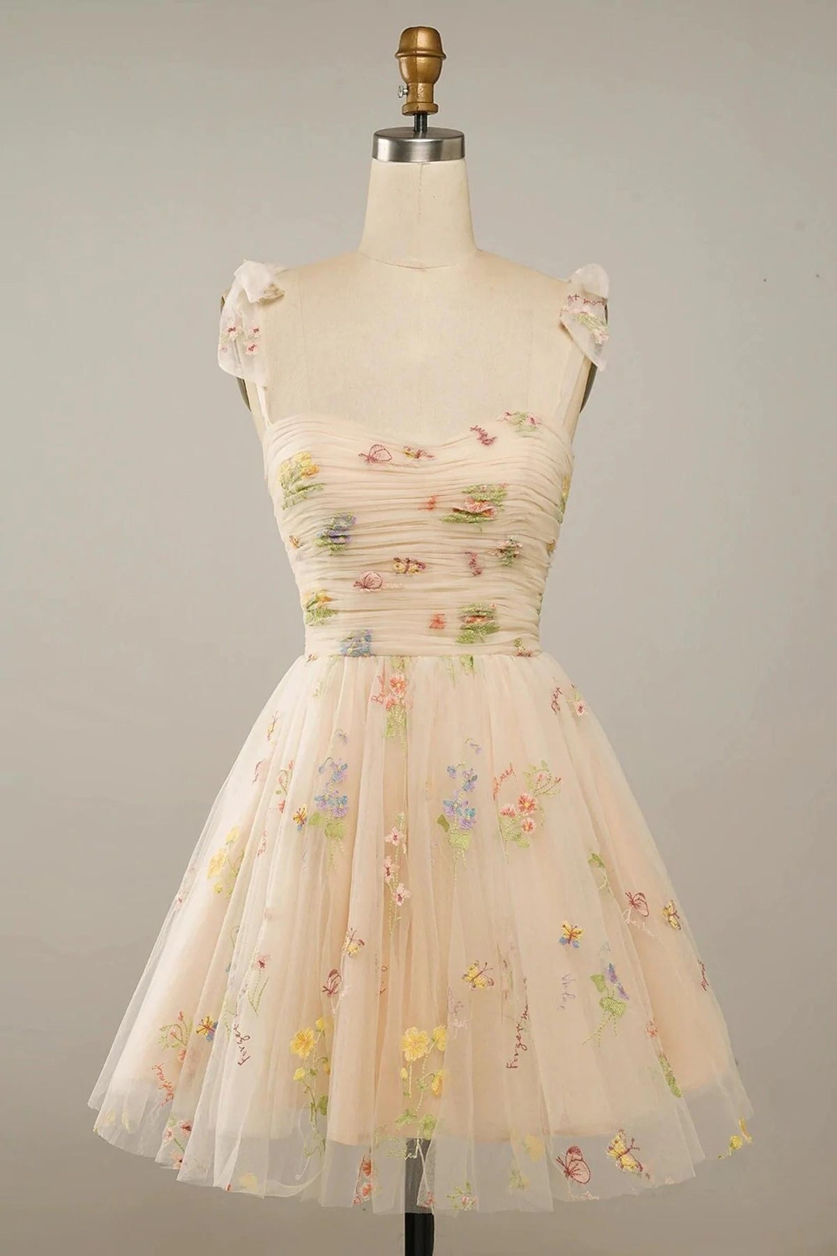 Nude Floral Print A-Line Short Homecoming Dress